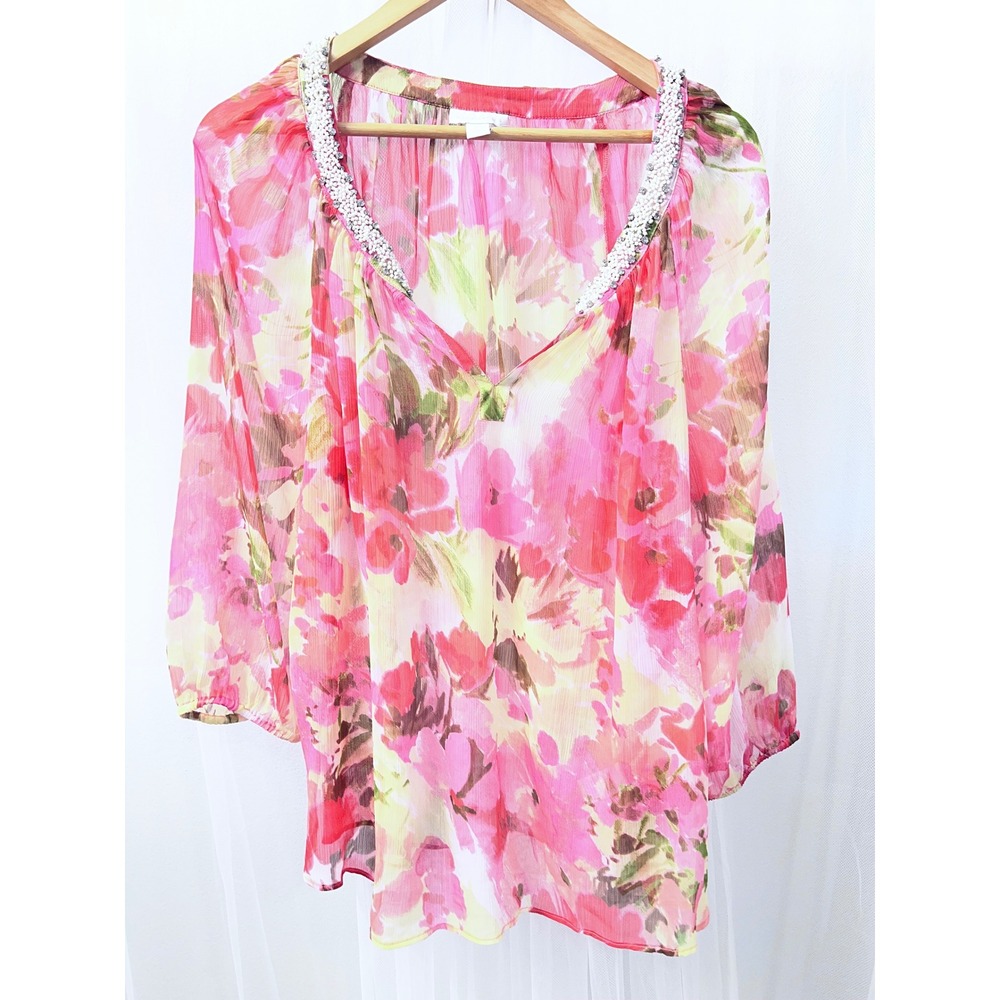 Charter Club Womens‎ Pink Floral Chiffon Beaded Neck Top Large L 3/4 Sleeve